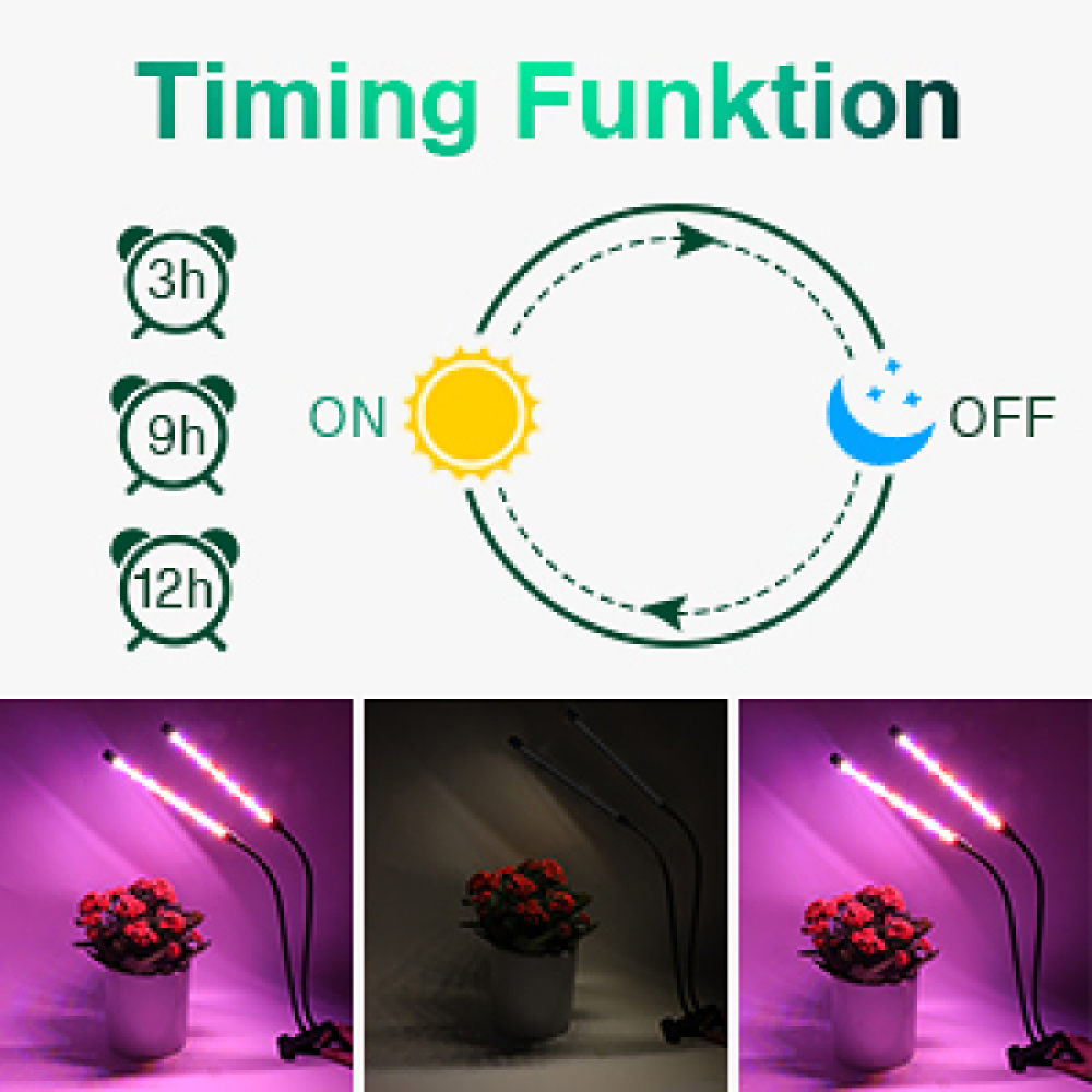 Illustration mit Timer-Optionen, Sonne und Mond, sowie Pflanzenlampen.