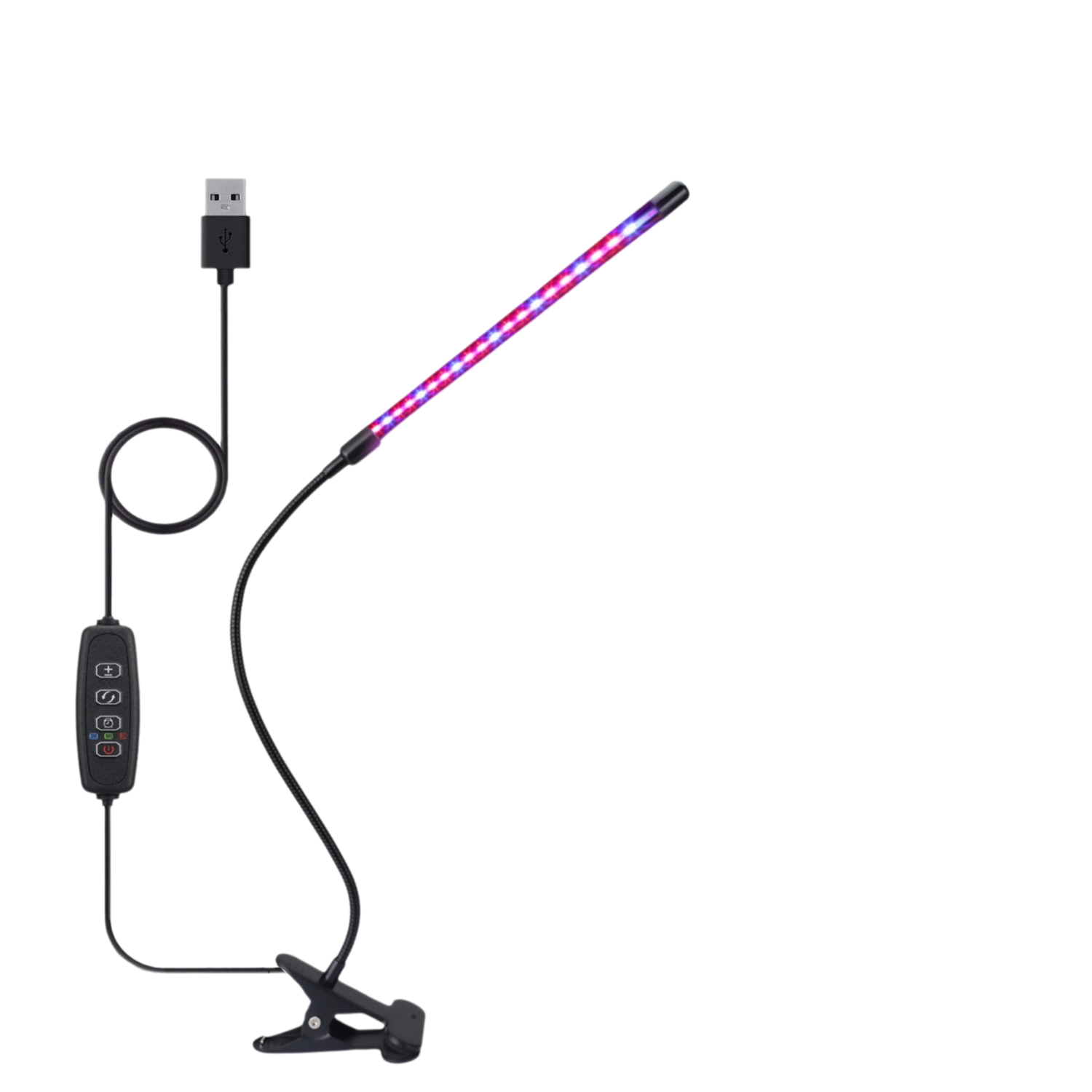 Eine schwarze Klemm-Pflanzenlampe mit USB-Anschluss und einstellbarem Schwanenhals.