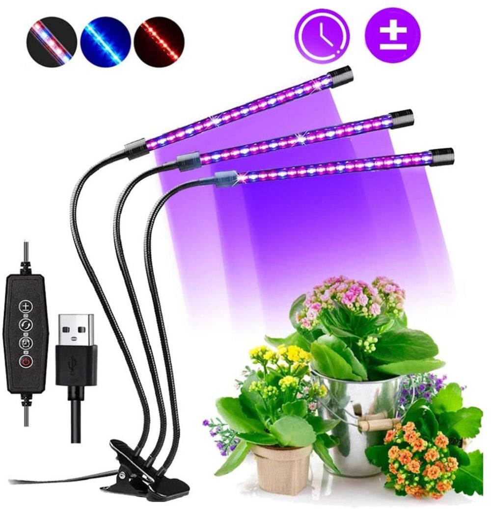 Pflanzenlampe mit 3 flexiblen Armen, USB-Anschluss und Steuerung für Pflanzenwachstum.
