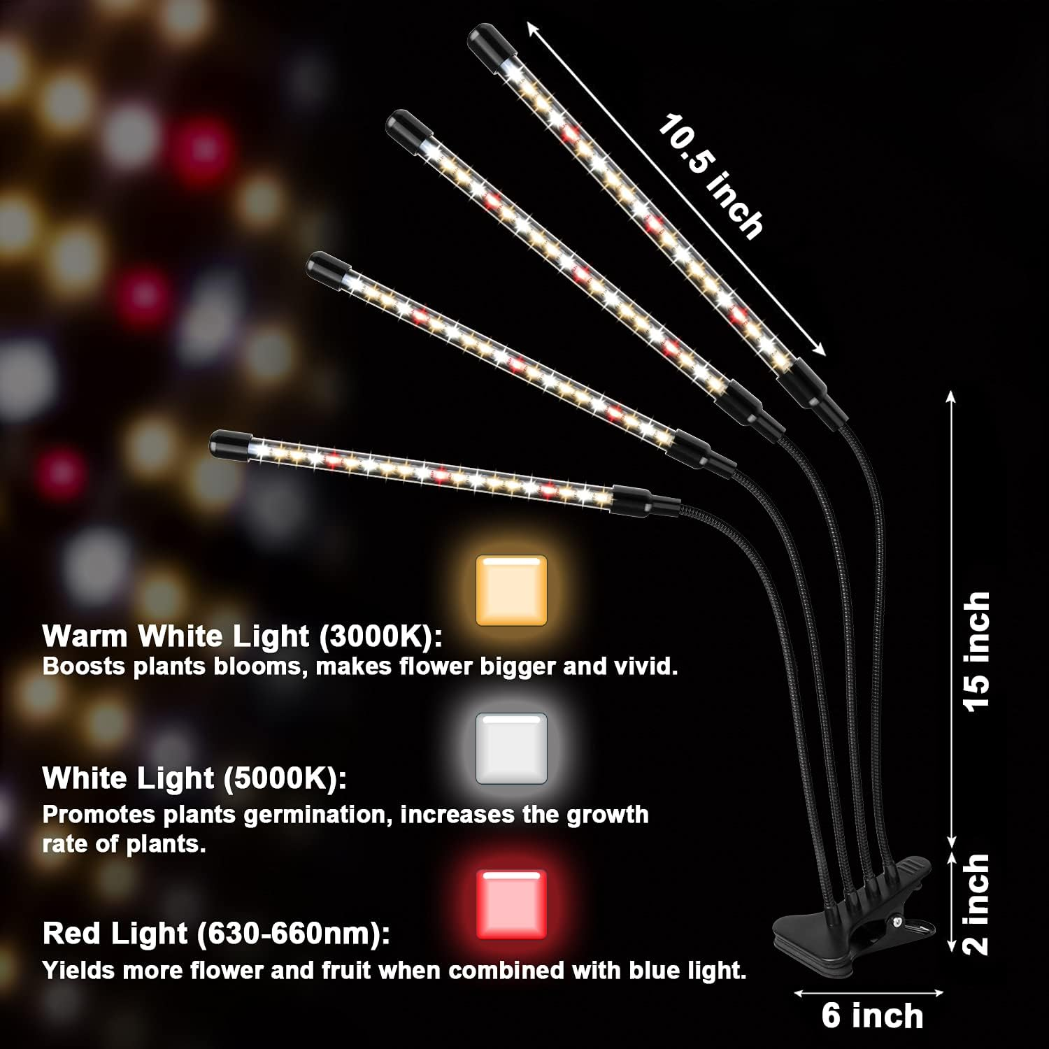 Pflanzenlampe mit vier flexiblen Armen und LED-Leuchten für verschiedene Lichtspektren.