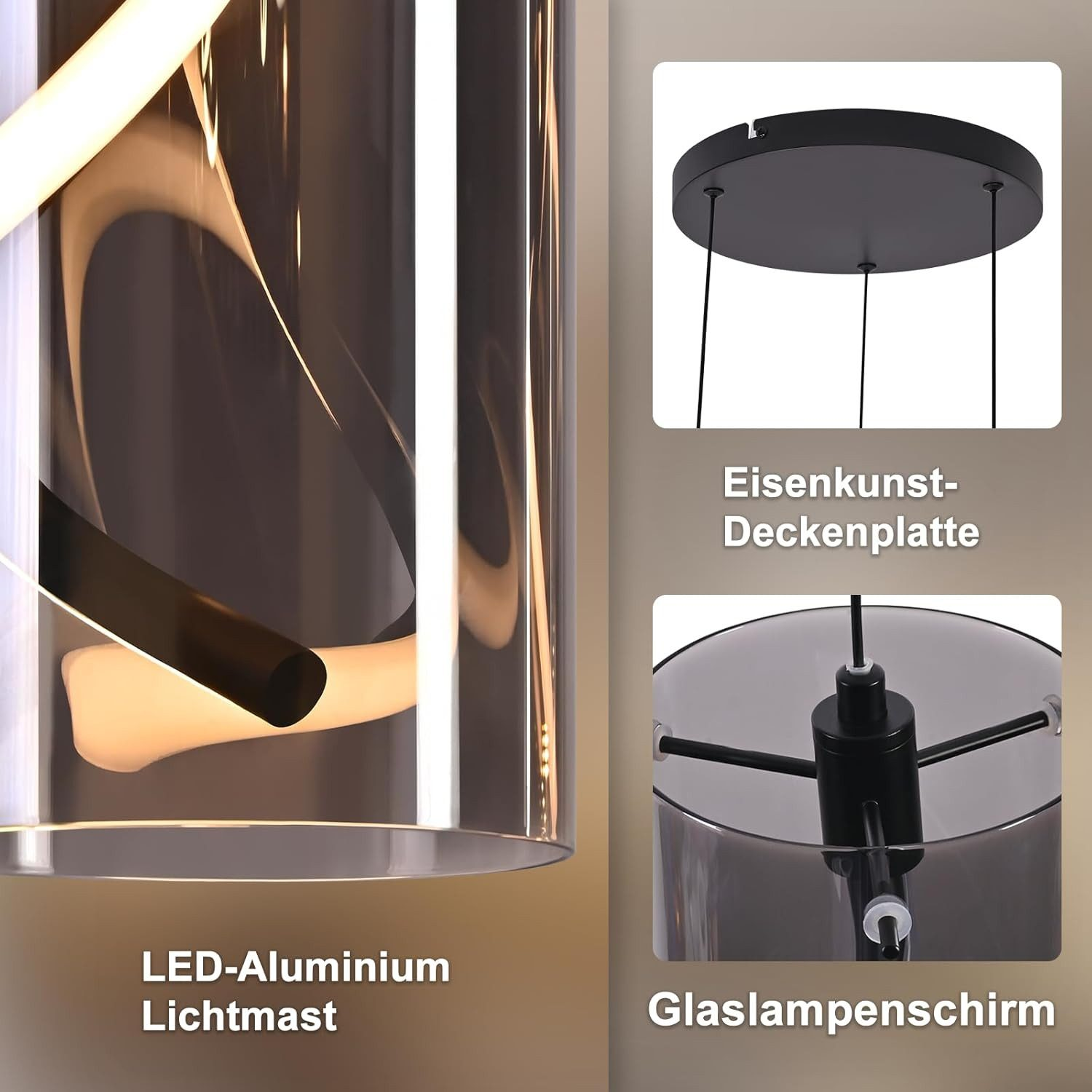Primo piano di una lampada a sospensione con cilindro in vetro, palo LED e piastra a soffitto.