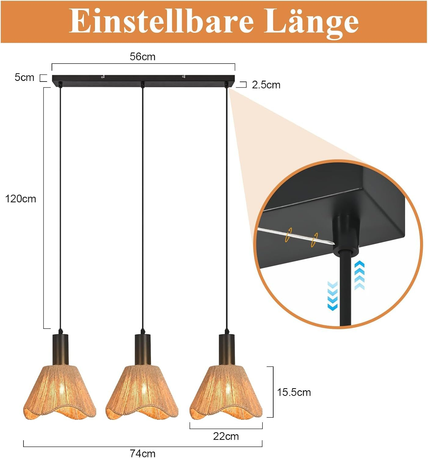Lampada a sospensione con tre paralumi in corda, con dimensioni.