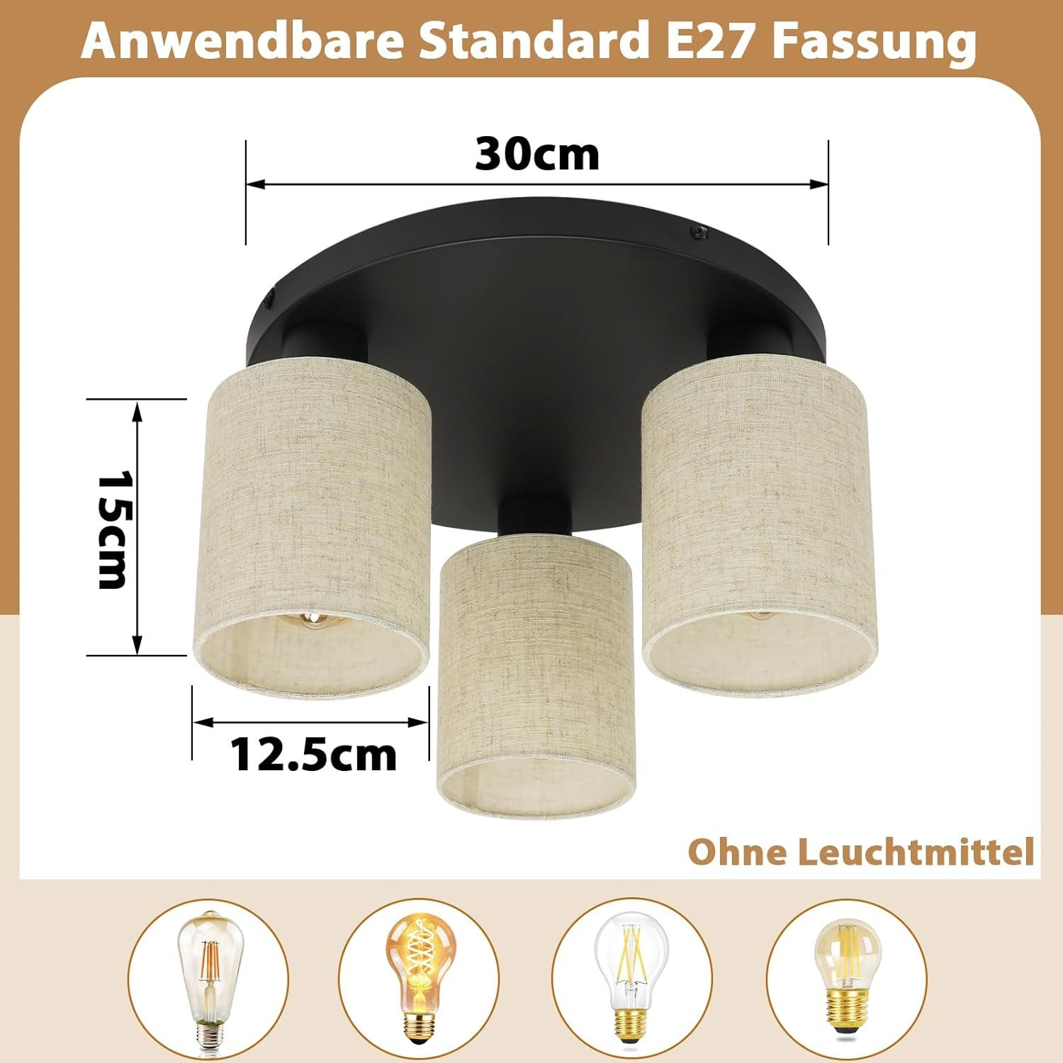 Lampada da soffitto con tre paralumi in tessuto, dimensioni 30x15cm.