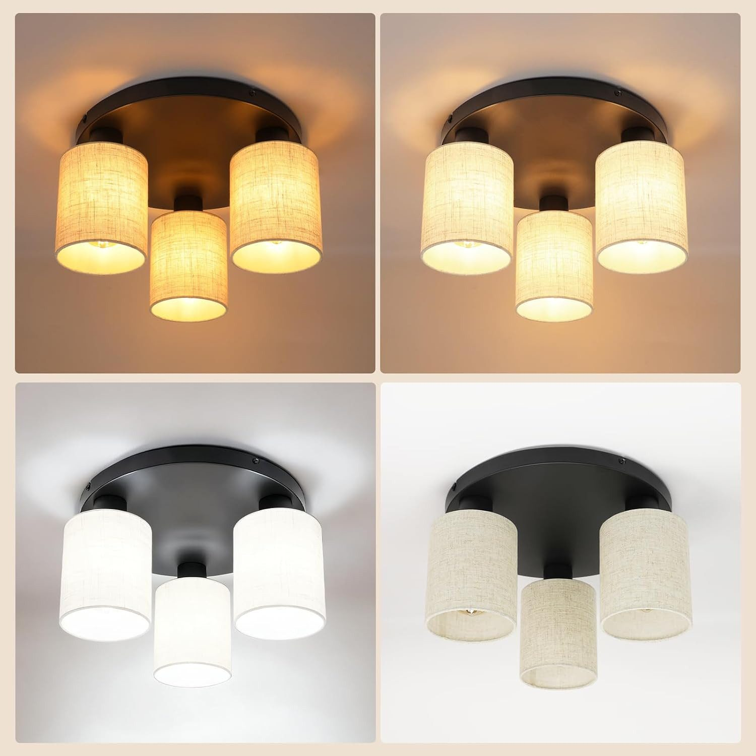 Lampada da soffitto con tre paralumi e base nera.