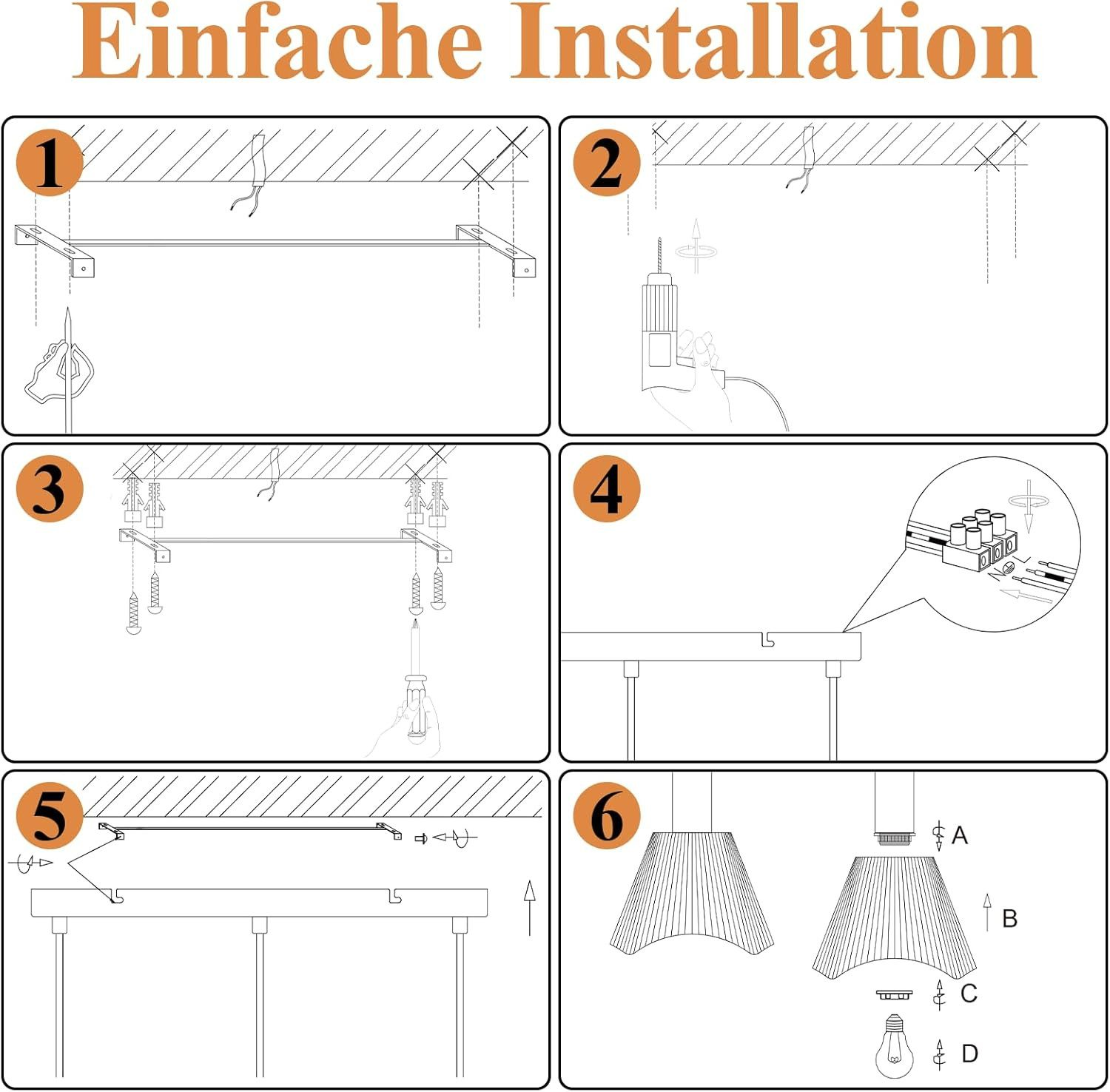Sei passaggi per la facile installazione di una lampada con attrezzi e parti.
