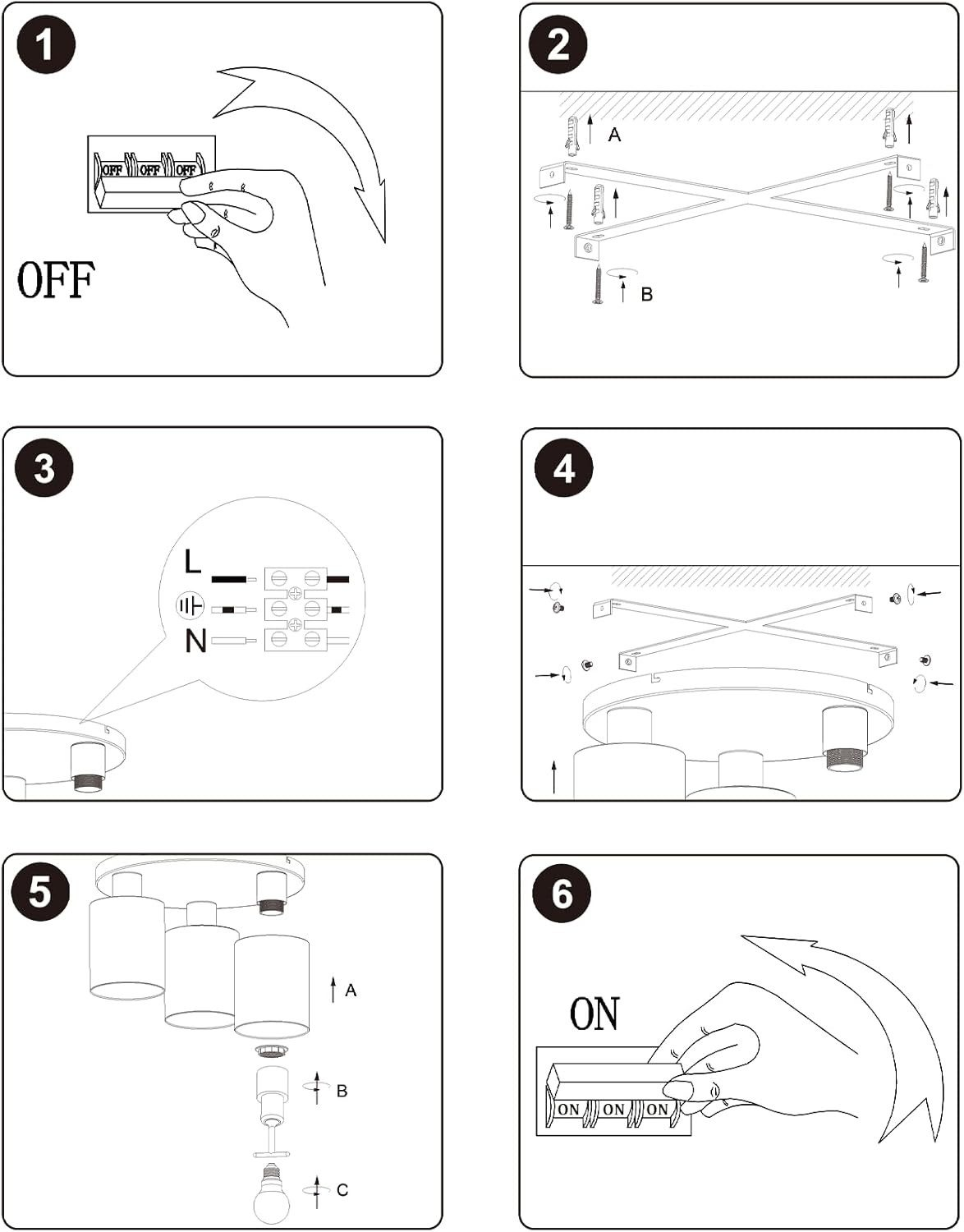 Diagramma: I passaggi 1-6 mostrano l'installazione e il funzionamento di una lampada.