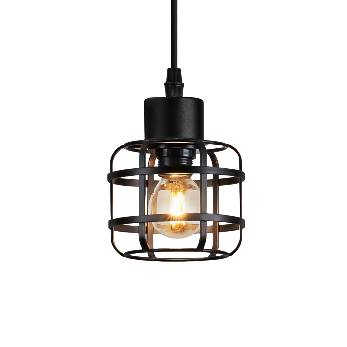 Lampada a sospensione nera con design a gabbia e lampadina.