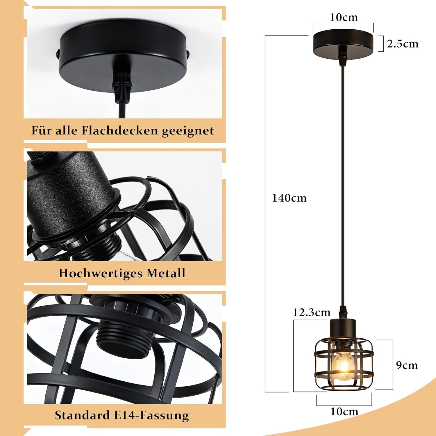 Lampada a sospensione nera con paralume a gabbia, dimensioni: 140x10x12,3cm.