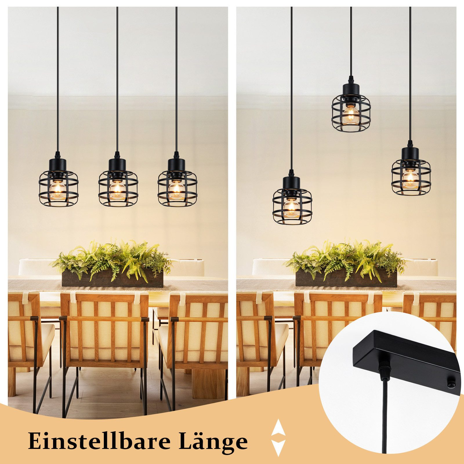 Drei schwarze Pendelleuchten mit Käfig-Lampenschirm über einem Tisch.