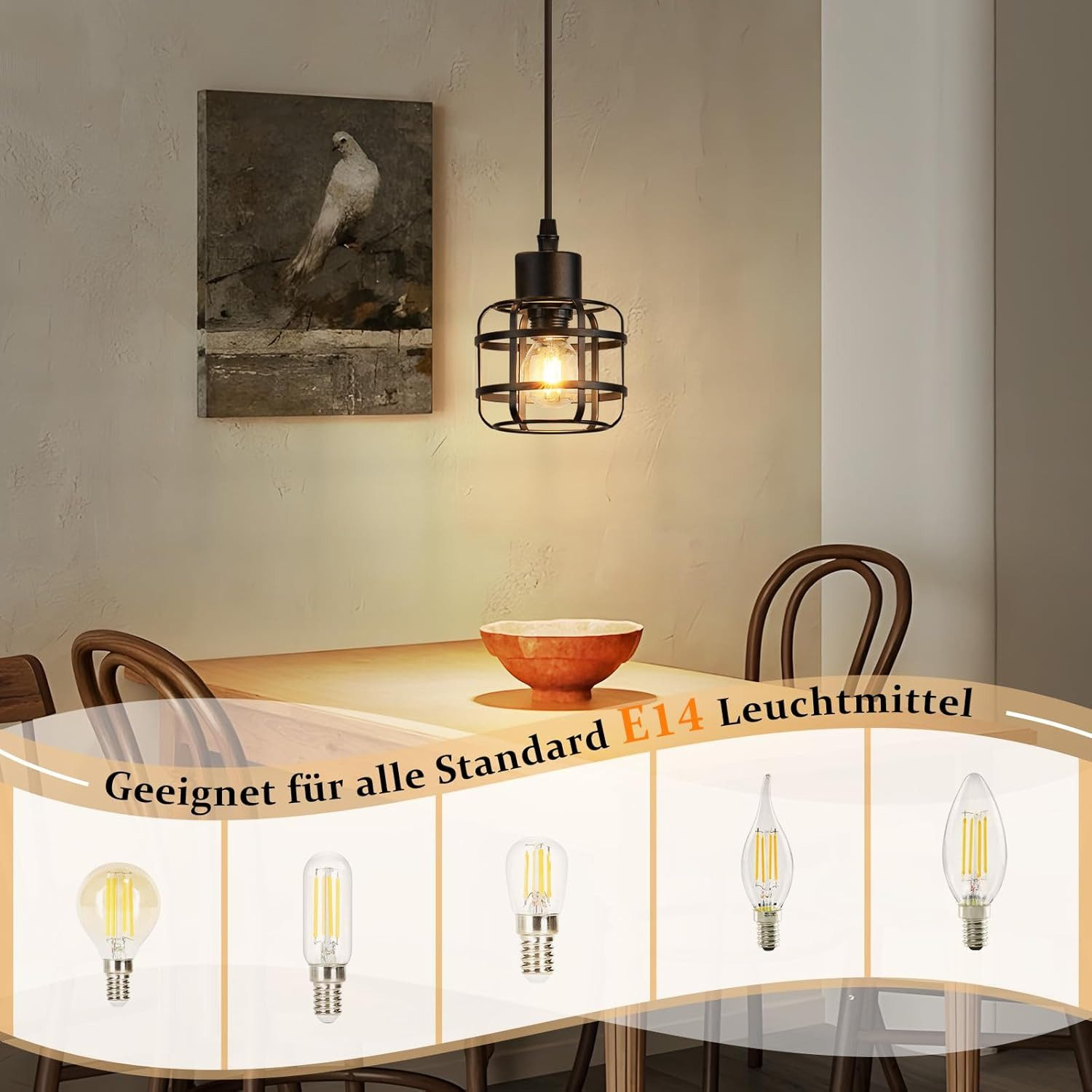 Un tavolo da pranzo con sedie, lampada e opera d'arte. Cinque lampadine E14 sono mostrate sotto.