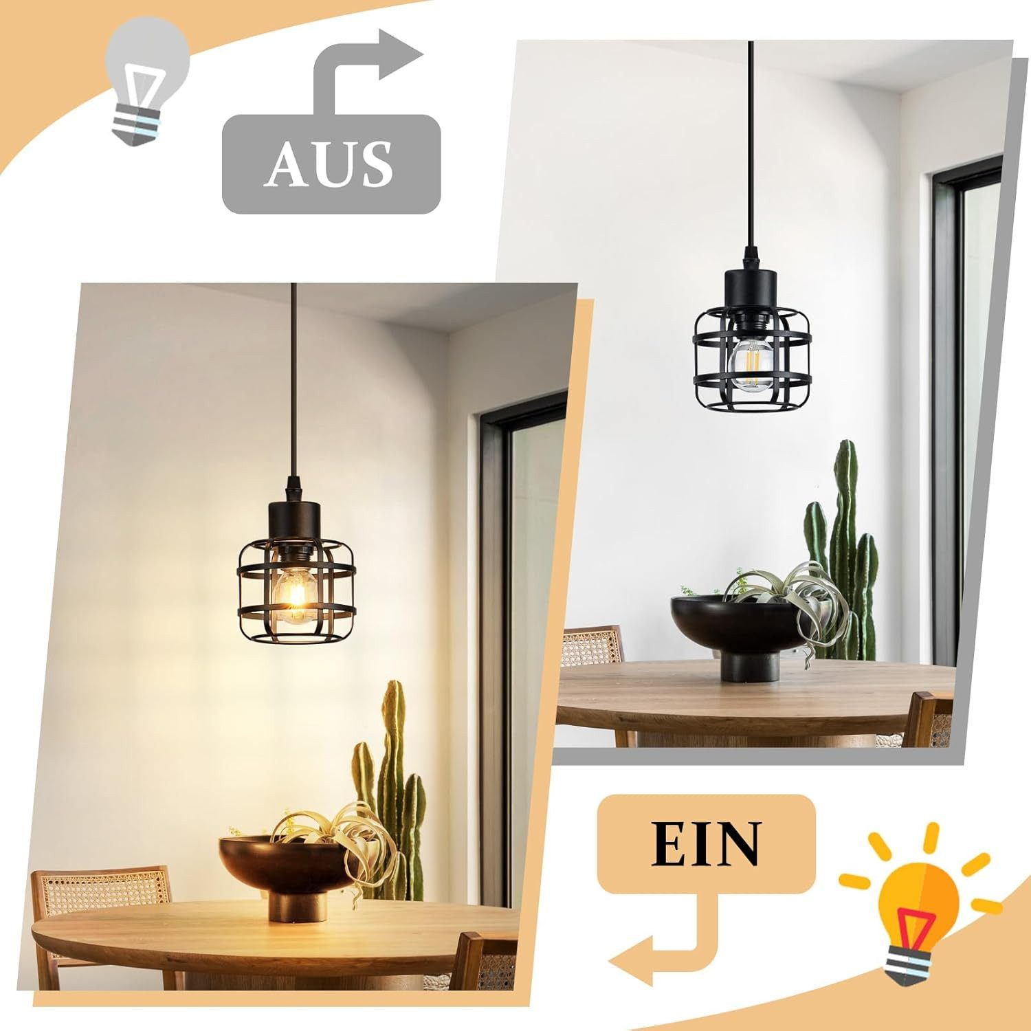 Lampada a sospensione a gabbia nera sopra tavolo in legno con cactus.