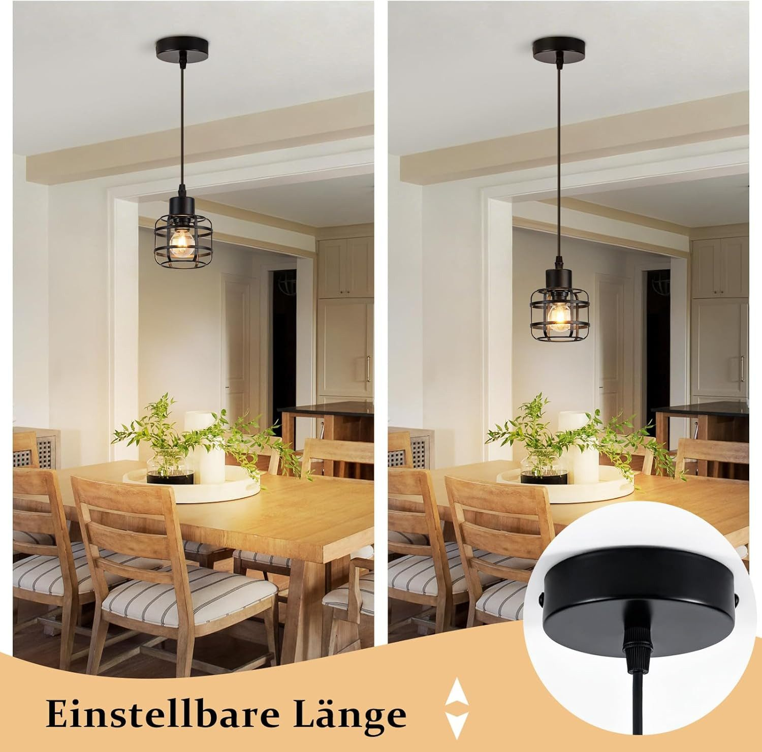 Lampada a sospensione nera stile gabbia sopra tavolo da pranzo in legno.