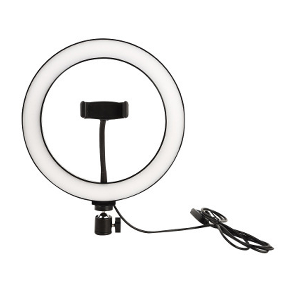 Ein Ringlicht mit Handyhalterung und Kabel auf weißem Hintergrund.