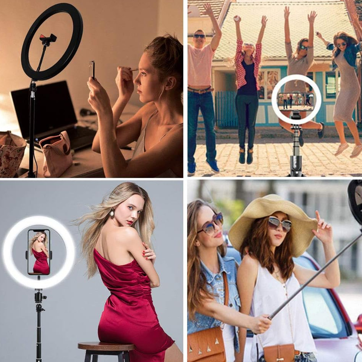 Vier Collagen: Frau schminkt sich, Freunde springen, Frau posiert, zwei Frauen mit Selfie-Stick.