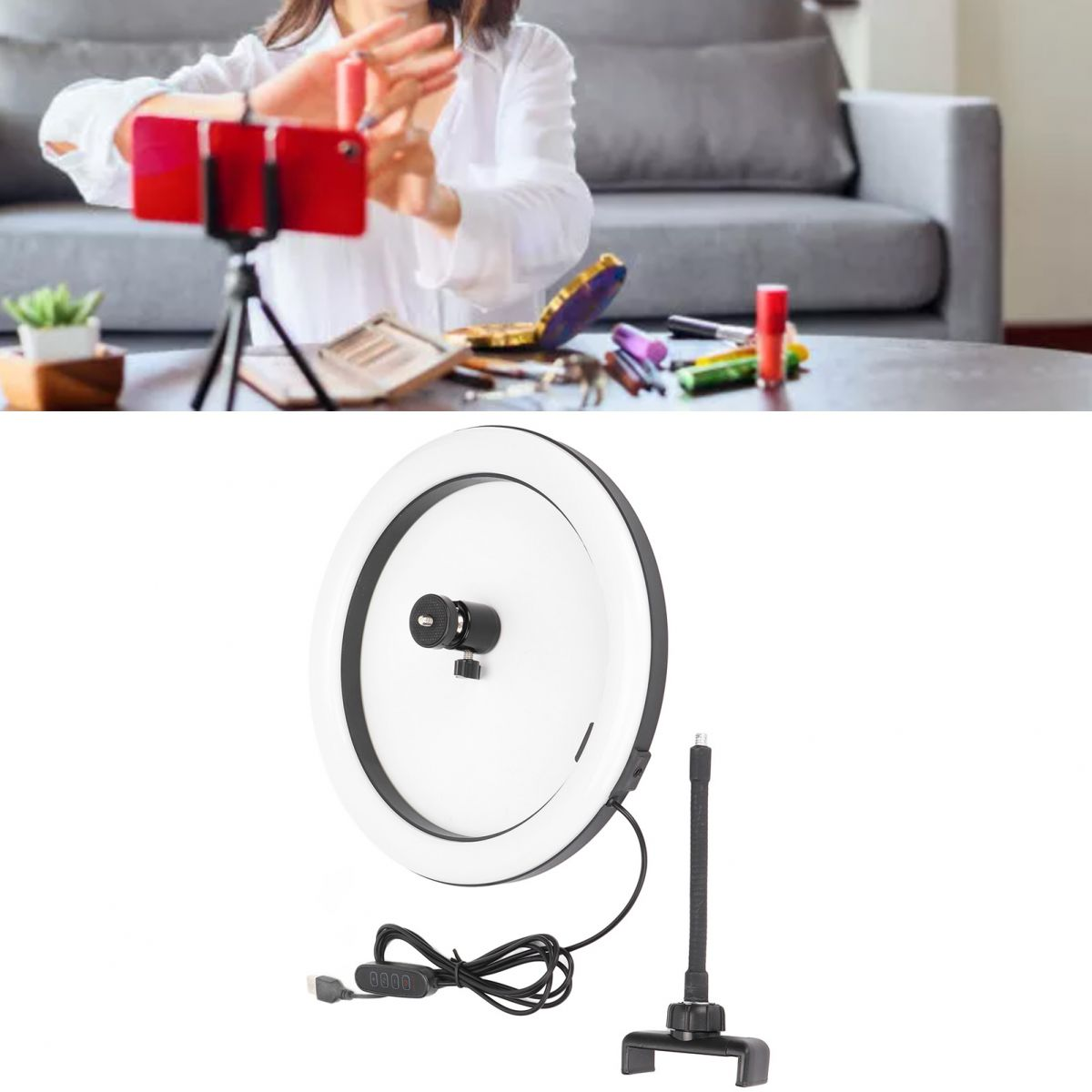 Eine Frau filmt sich beim Schminken mit einem Ringlicht und einem Smartphone auf einem Stativ.