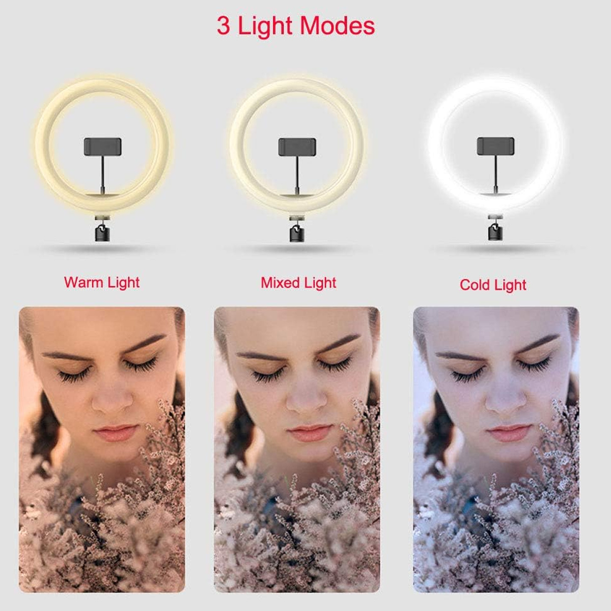 Drei Ringlichter mit verschiedenen Lichtmodi: warm, gemischt und kalt.