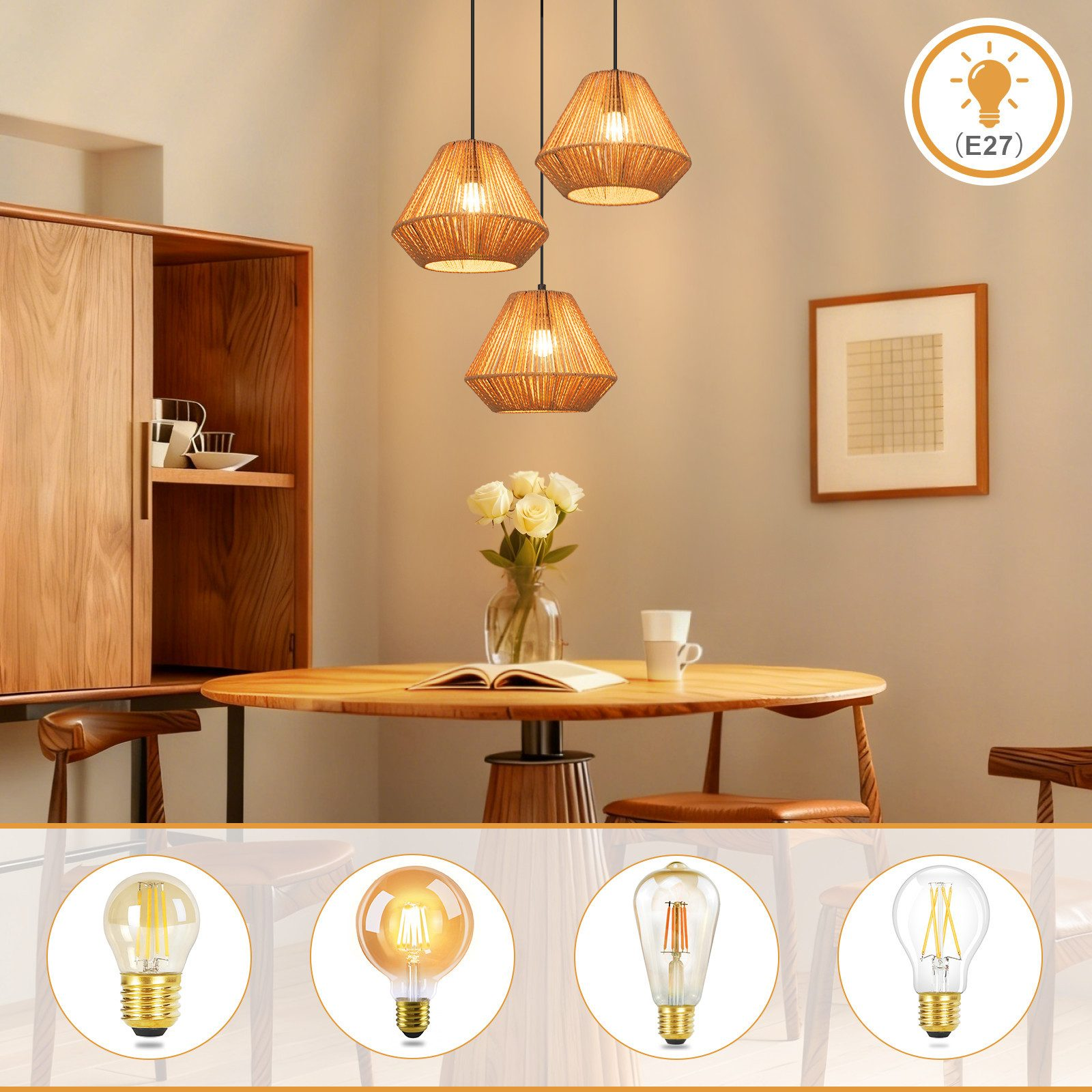 Una sala da pranzo con lampade a sospensione intrecciate, tavolo in legno e quattro lampadine sotto.