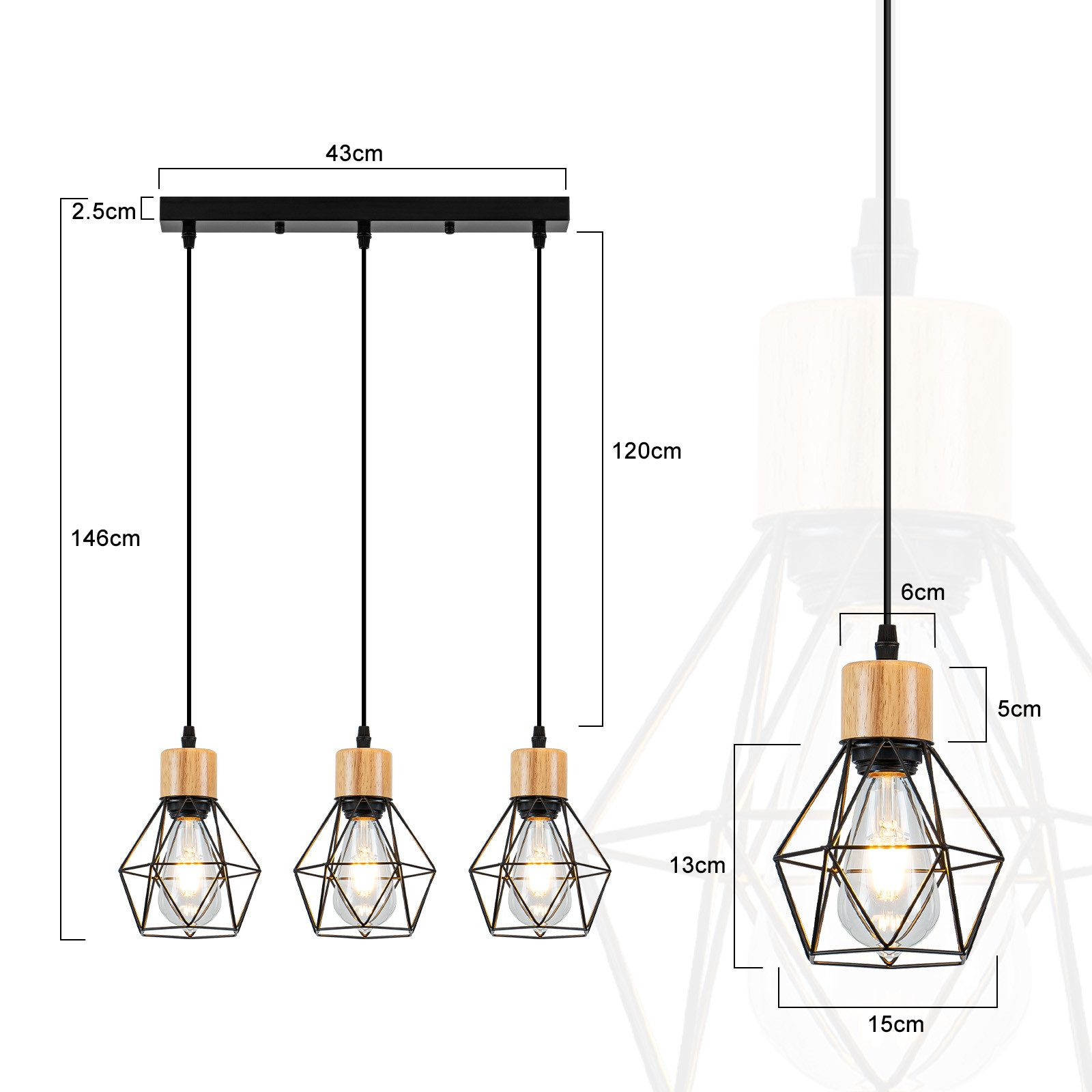 Un lampadario lineare nero con tre lampadine Edison, accenti in legno e gabbie a diamante.