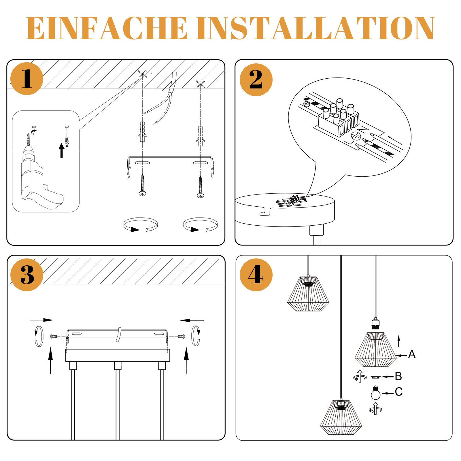Guida all'installazione: foratura, cablaggio, montaggio staffa, fissaggio lampade.