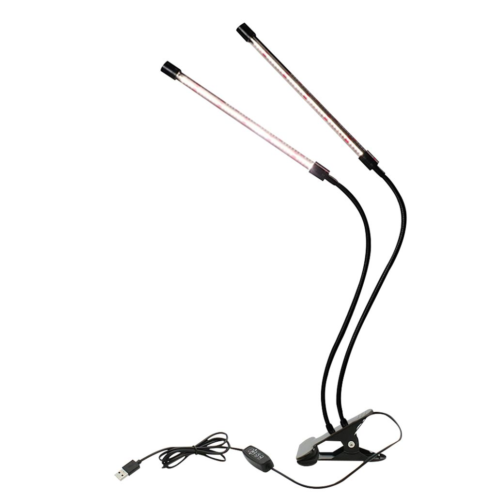 Zwei Pflanzenlampen mit flexiblen Armen, USB-Anschluss und Klemme.