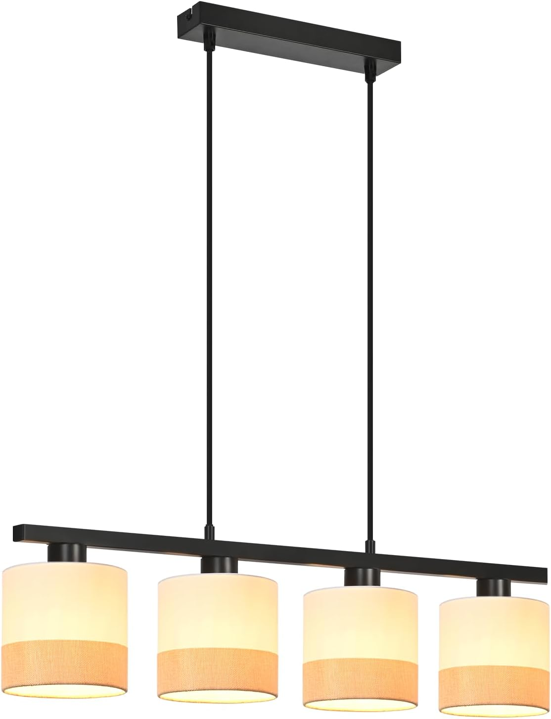 Schwarzer Deckenlampen-Balken mit vier weißen Lampenschirmen mit Stoffband.