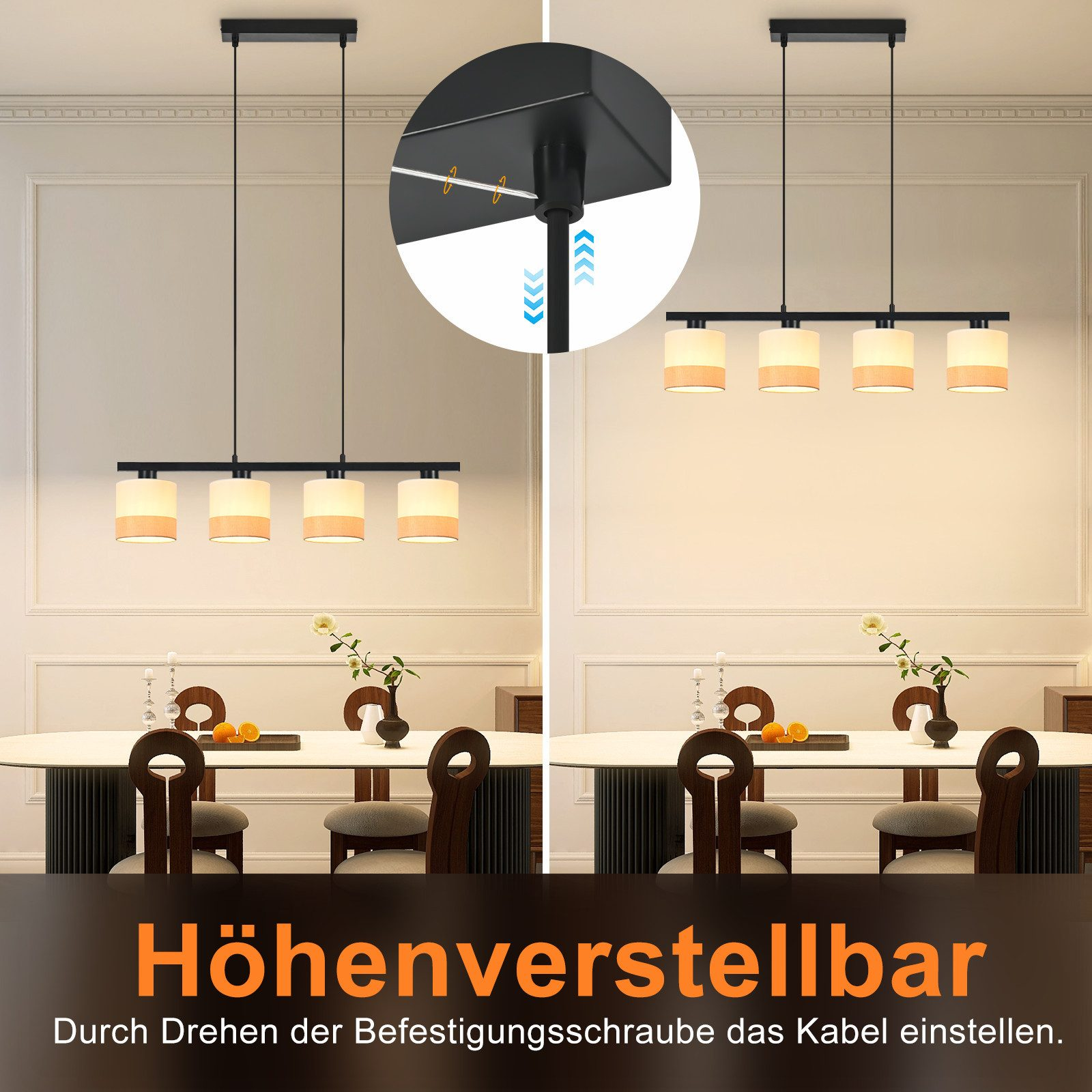 Hängeleuchte mit vier Lampenschirmen über einem Esstisch, höhenverstellbar.