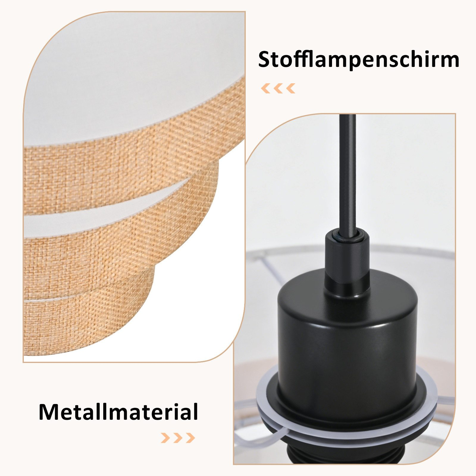 Stofflampenschirm mit sichtbarem Metallmaterial und Aufhängung.