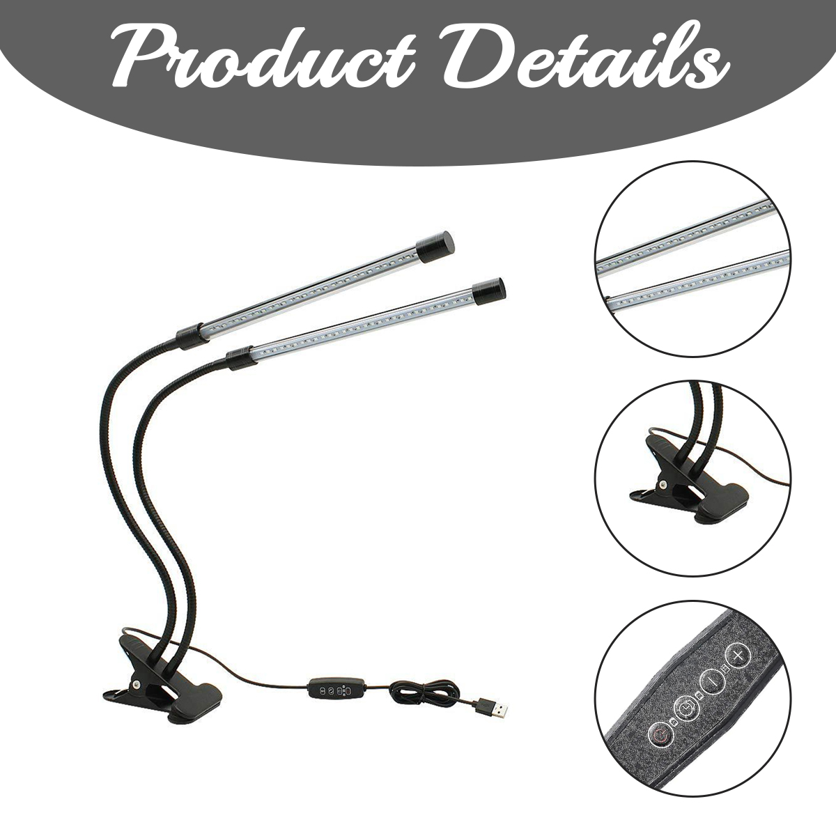 Zwei flexible LED-Pflanzenlampen mit Klemmbasis und USB-Steuerung.
