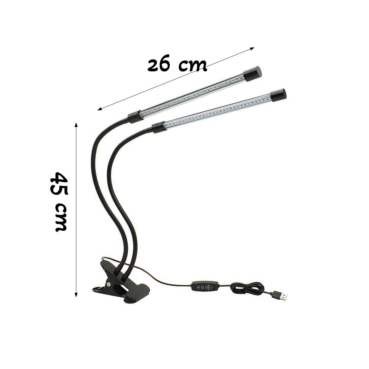 Zweiarmige LED-Pflanzenlampe mit Klemmfuß, 45cm hoch, 26cm breit.