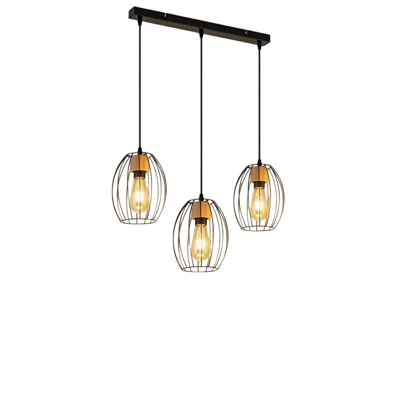 Lampada a sospensione a tre lampadine con paralumi a gabbia in filo nero.