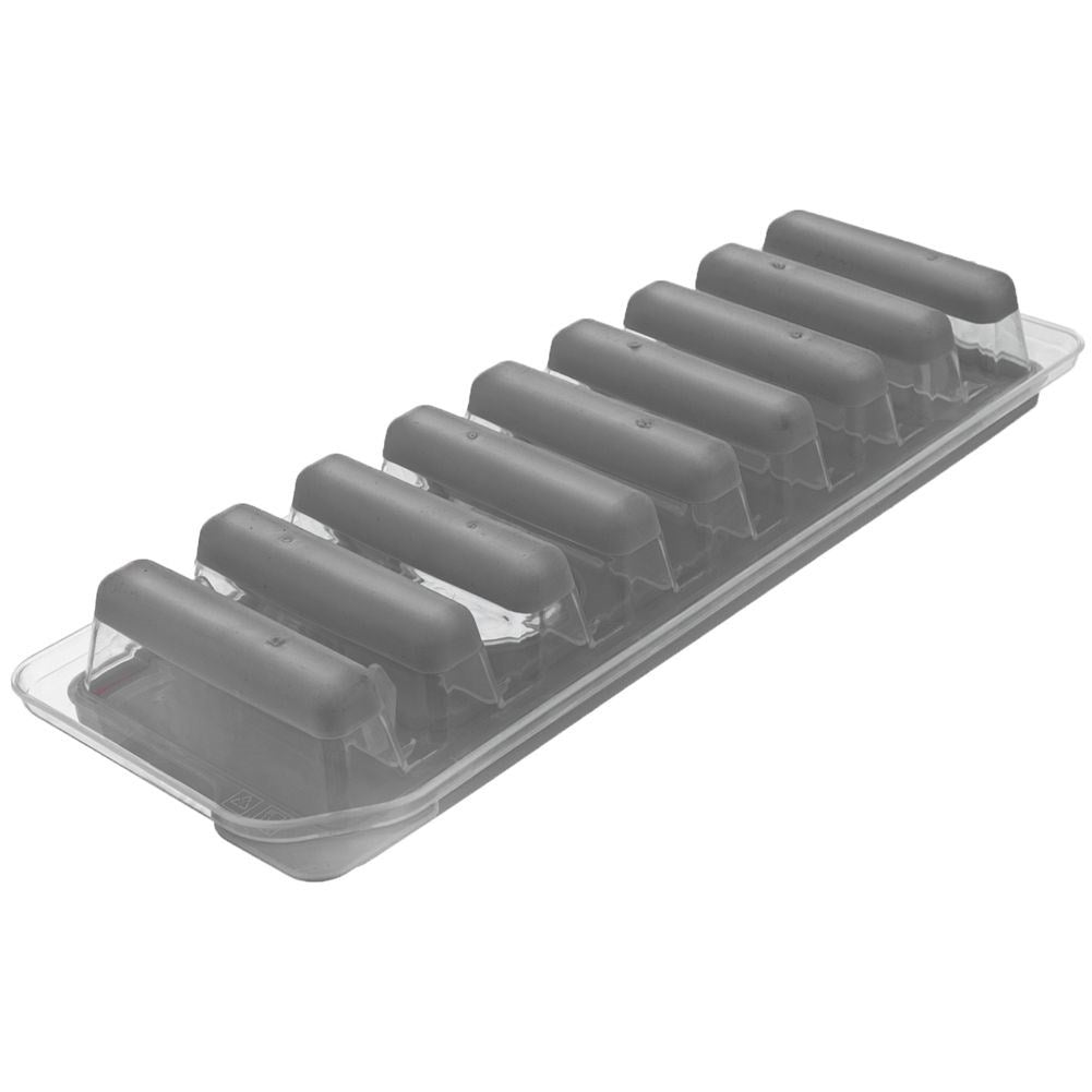 Una cubitera gris con 10 moldes cilíndricos sobre fondo blanco.