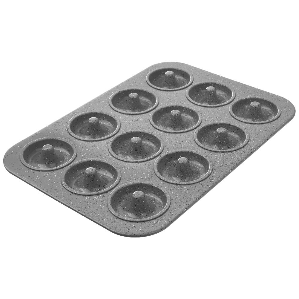 Molde para donuts gris con 12 cavidades y superficie moteada.