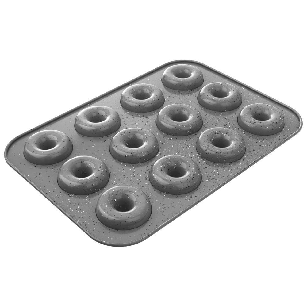 Molde para donuts gris moteado con 12 cavidades.