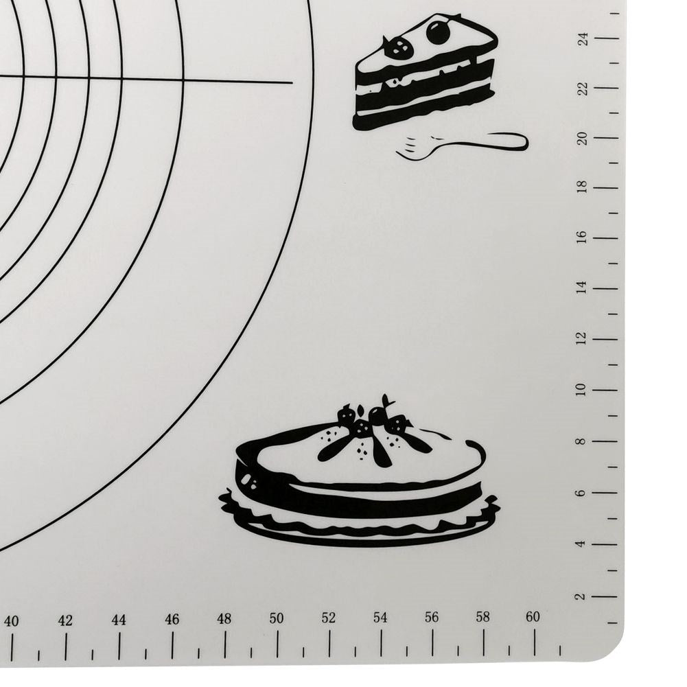 Alfombrilla de cocina con ilustraciones de pastel y tarta y marcas de medida.
