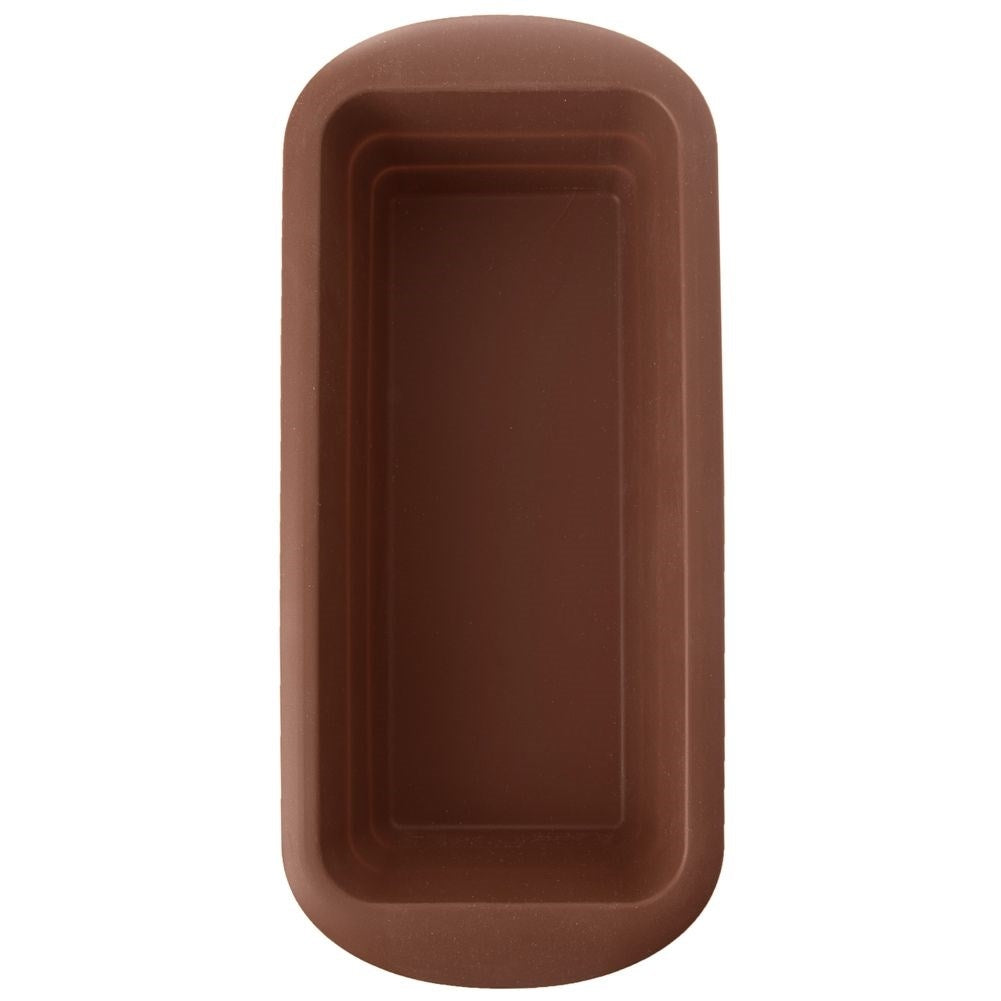 Un molde de silicona marrón para pan con esquinas redondeadas.