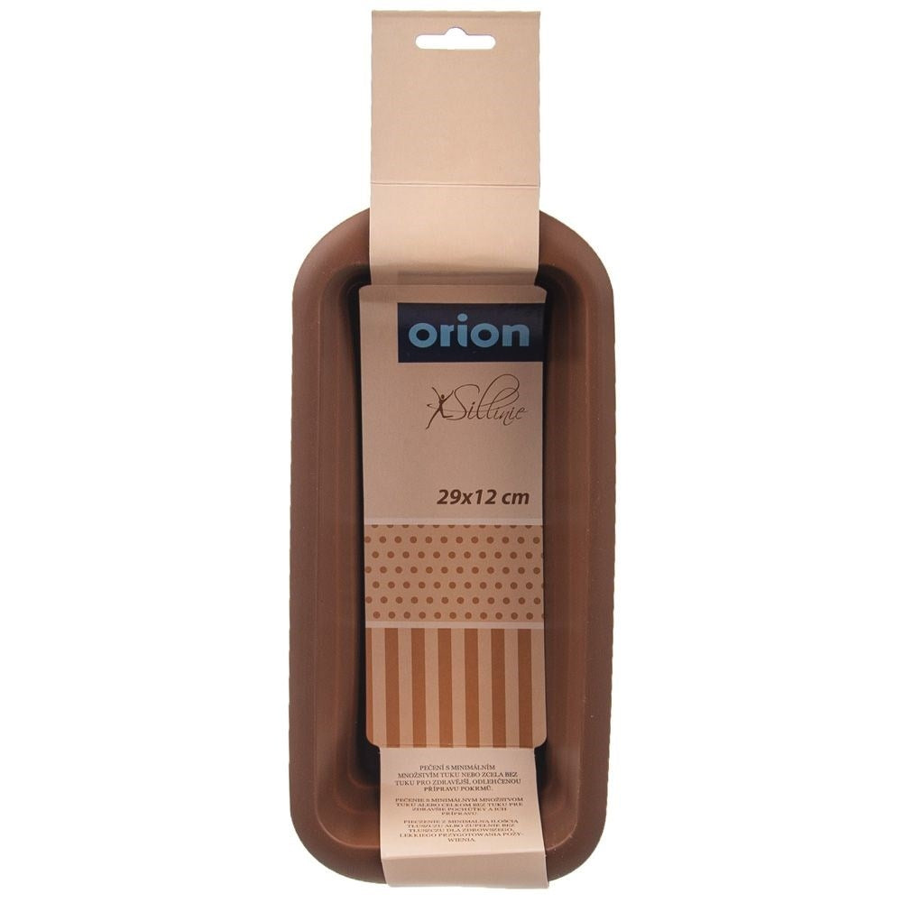Un molde marrón para pan de la marca Orion con embalaje, 29x12 cm.