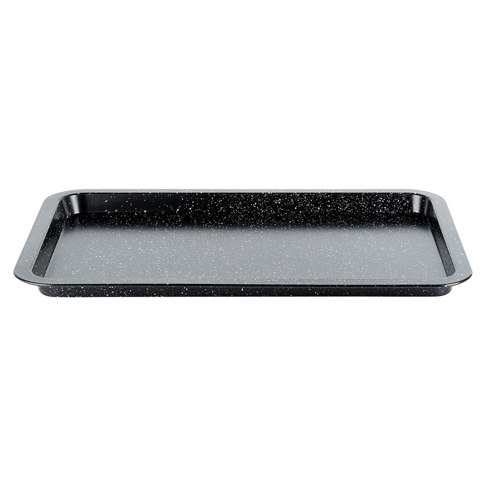 Una bandeja rectangular negra con motas blancas, sobre fondo blanco.