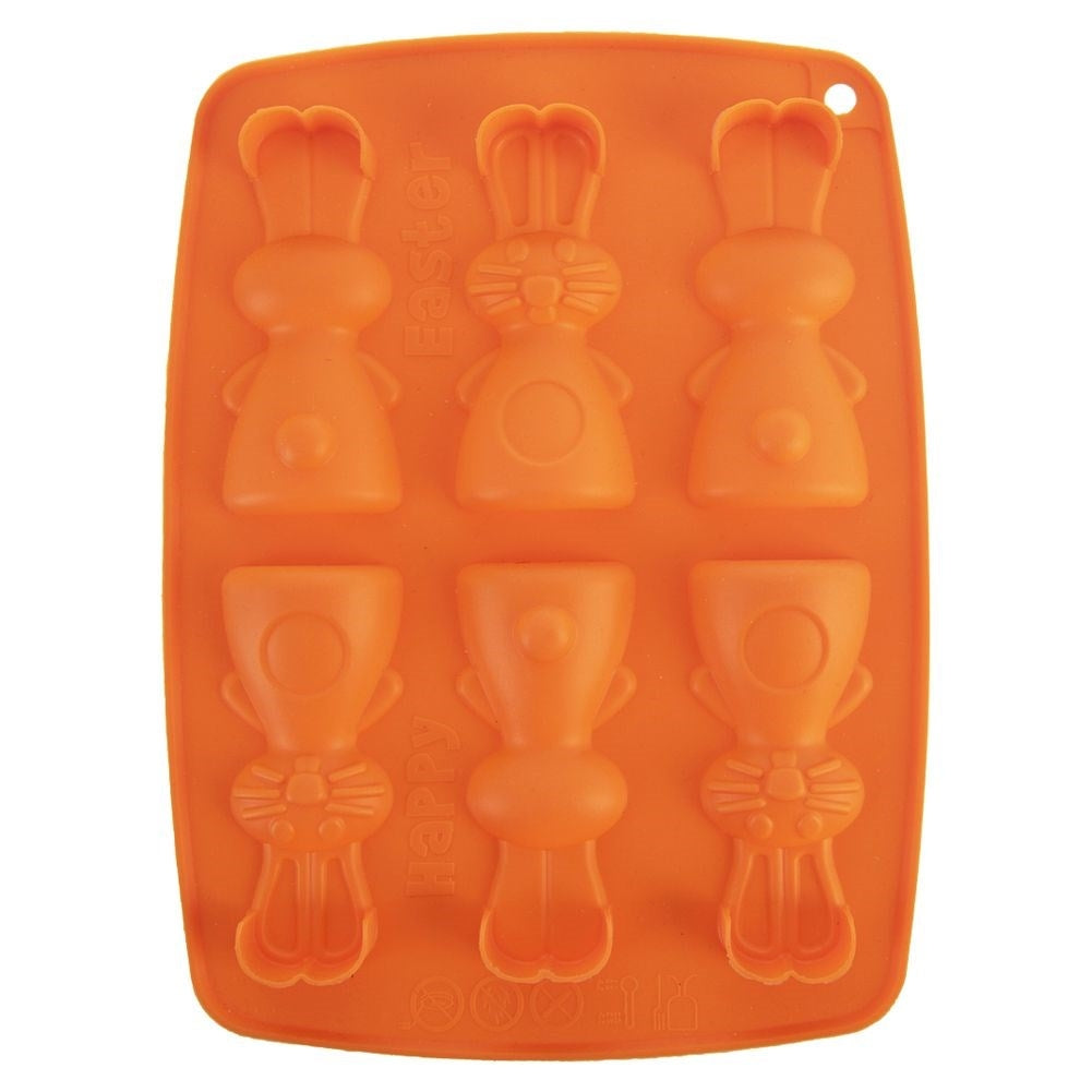 Molde de silicona naranja con temática de Pascua, 6 formas de conejos y tazas.