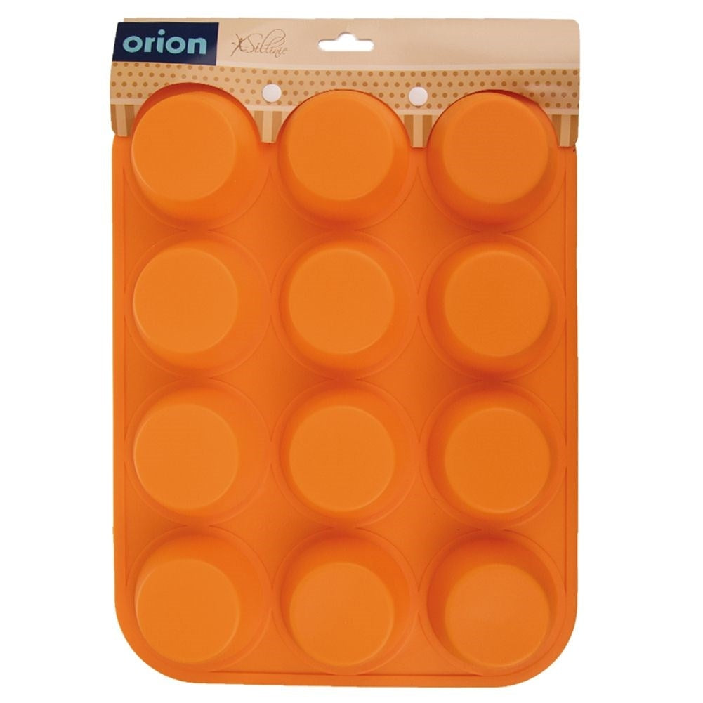 Molde de silicona naranja para magdalenas con 12 cavidades, empaquetado.