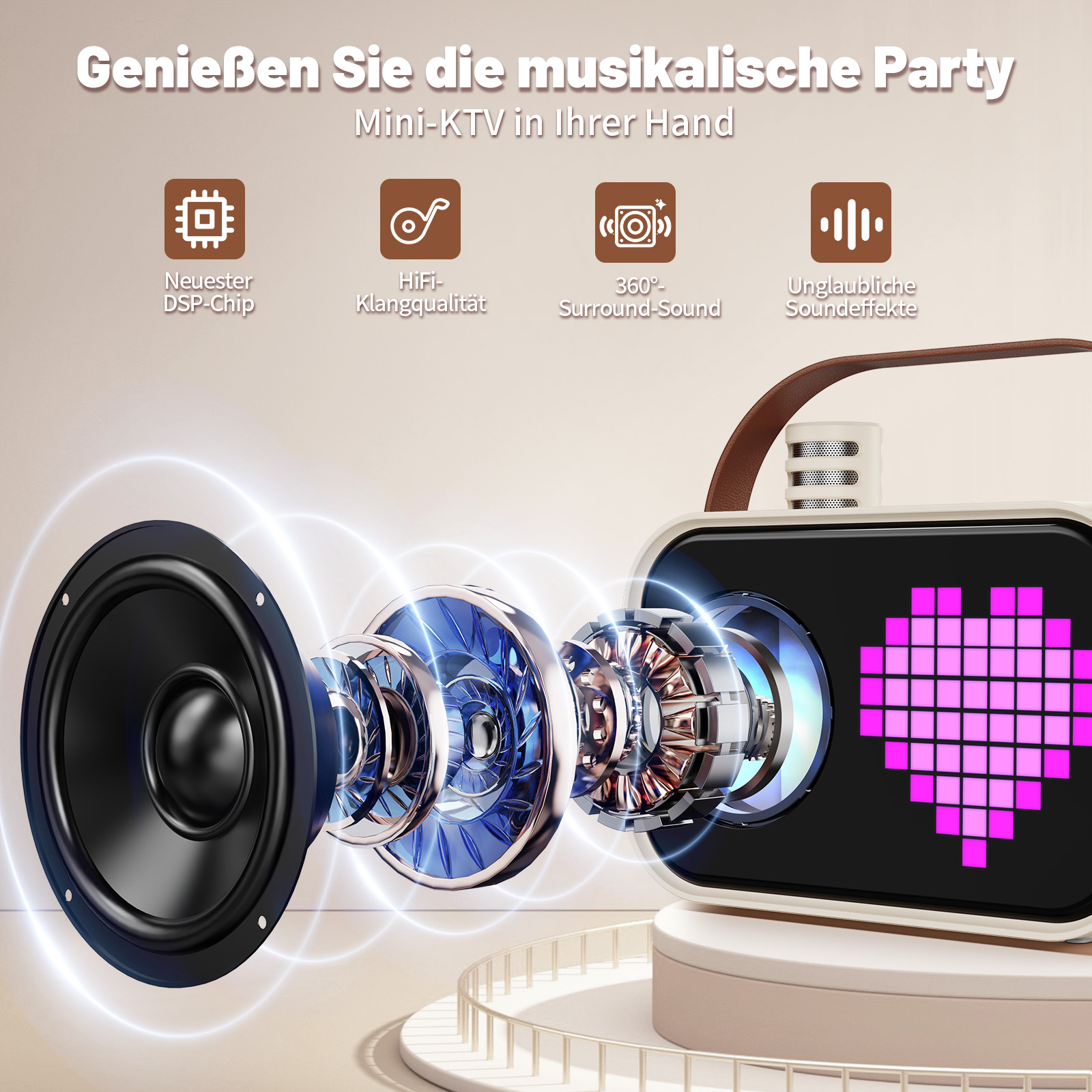 Explodierte Ansicht eines Lautsprechers mit Herz-Display und Icons für Sound.