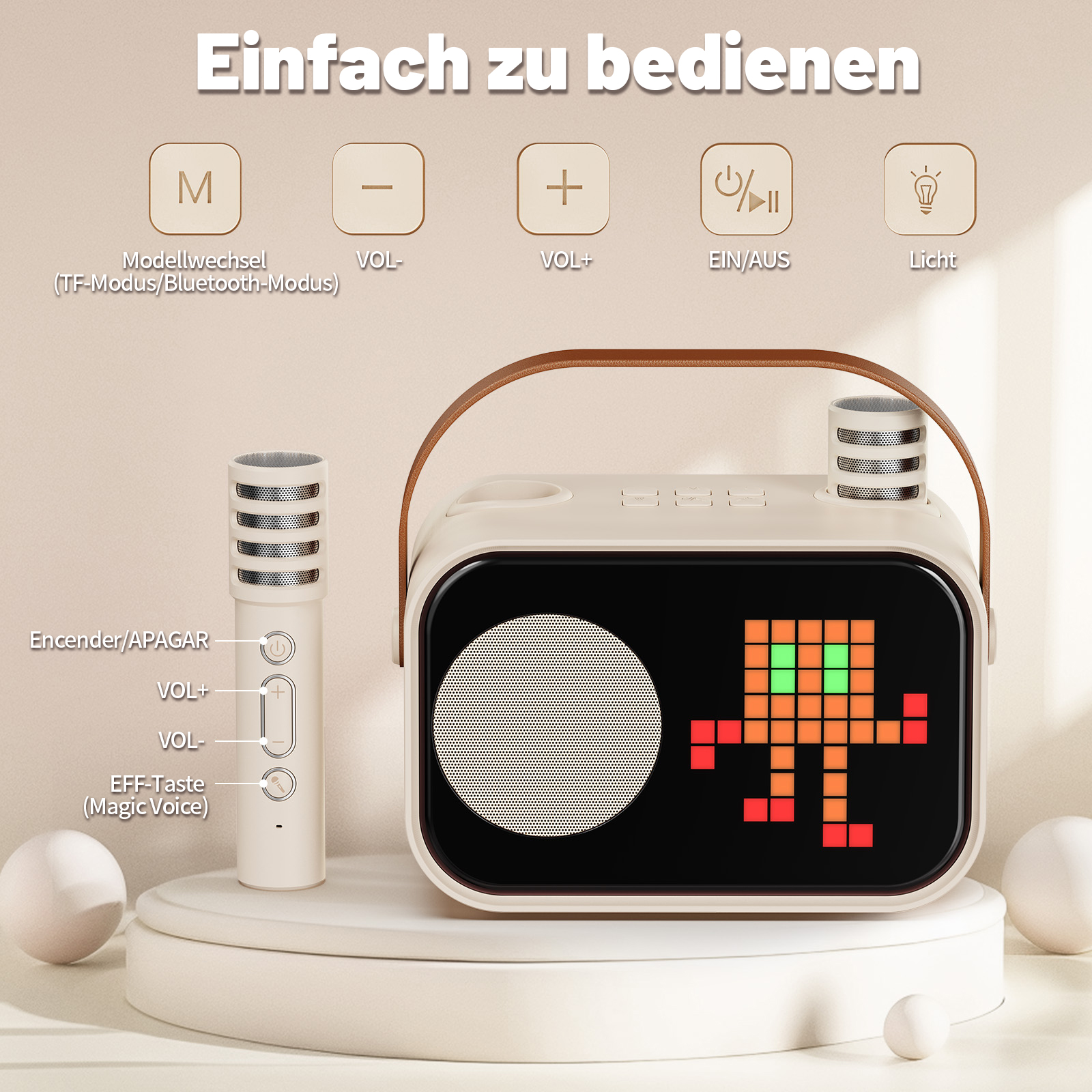 Ein beige Lautsprecher mit Mikrofon. Auf dem Bildschirm ist eine Pixel-Figur zu sehen.