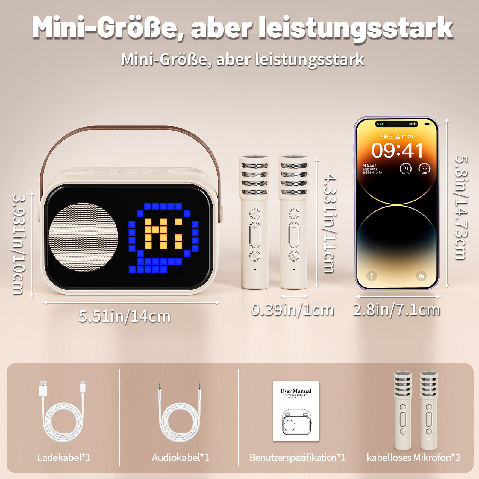 Ein weißer Lautsprecher mit Pixel-Display, zwei Mikrofone, ein Smartphone und Kabel.