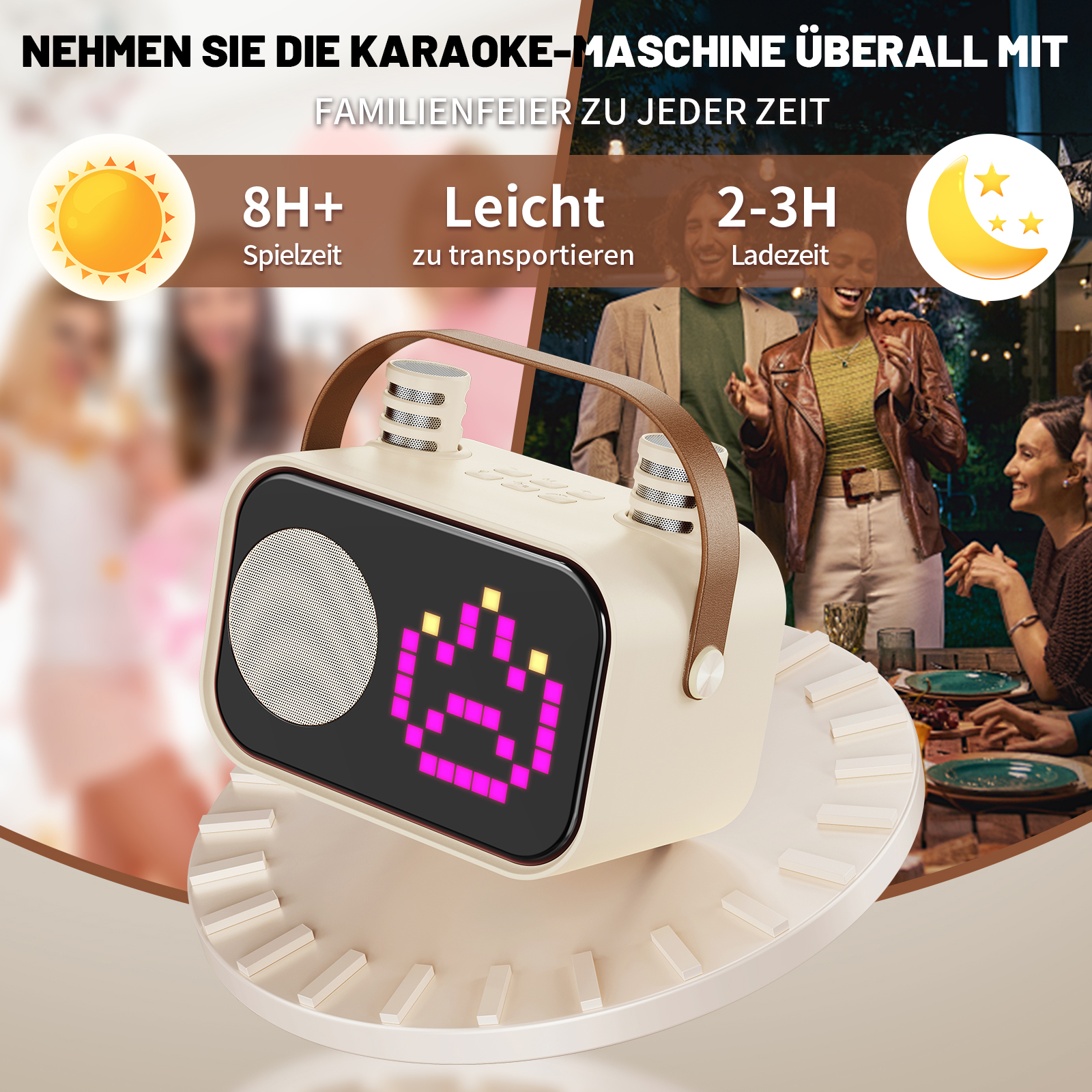 Beige Karaoke-Maschine mit Pixel-Display, 8h Spielzeit, leicht.