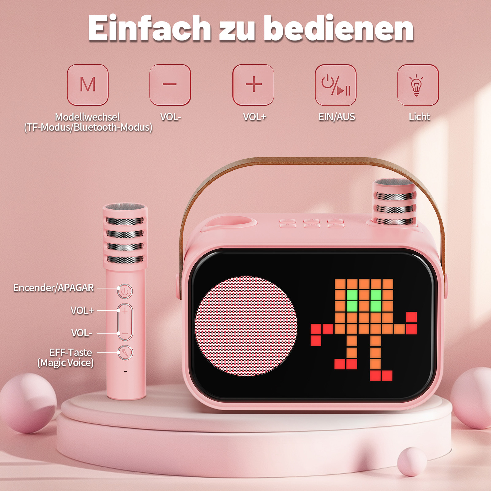 Ein pinker Lautsprecher mit Mikrofon und Pixel-Display. Einfach zu bedienen.