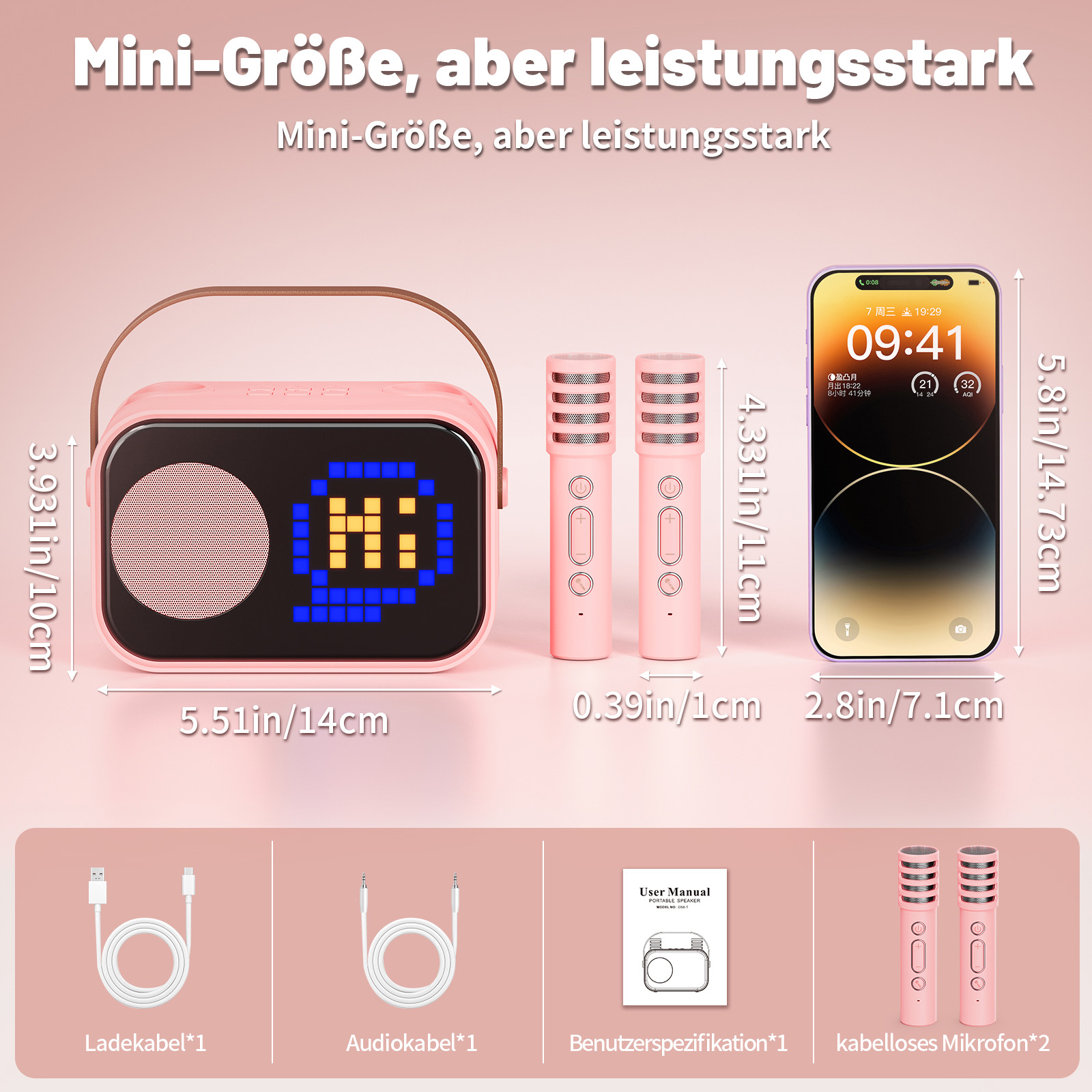 Ein rosafarbener Lautsprecher mit zwei Mikrofonen und einem Smartphone daneben.