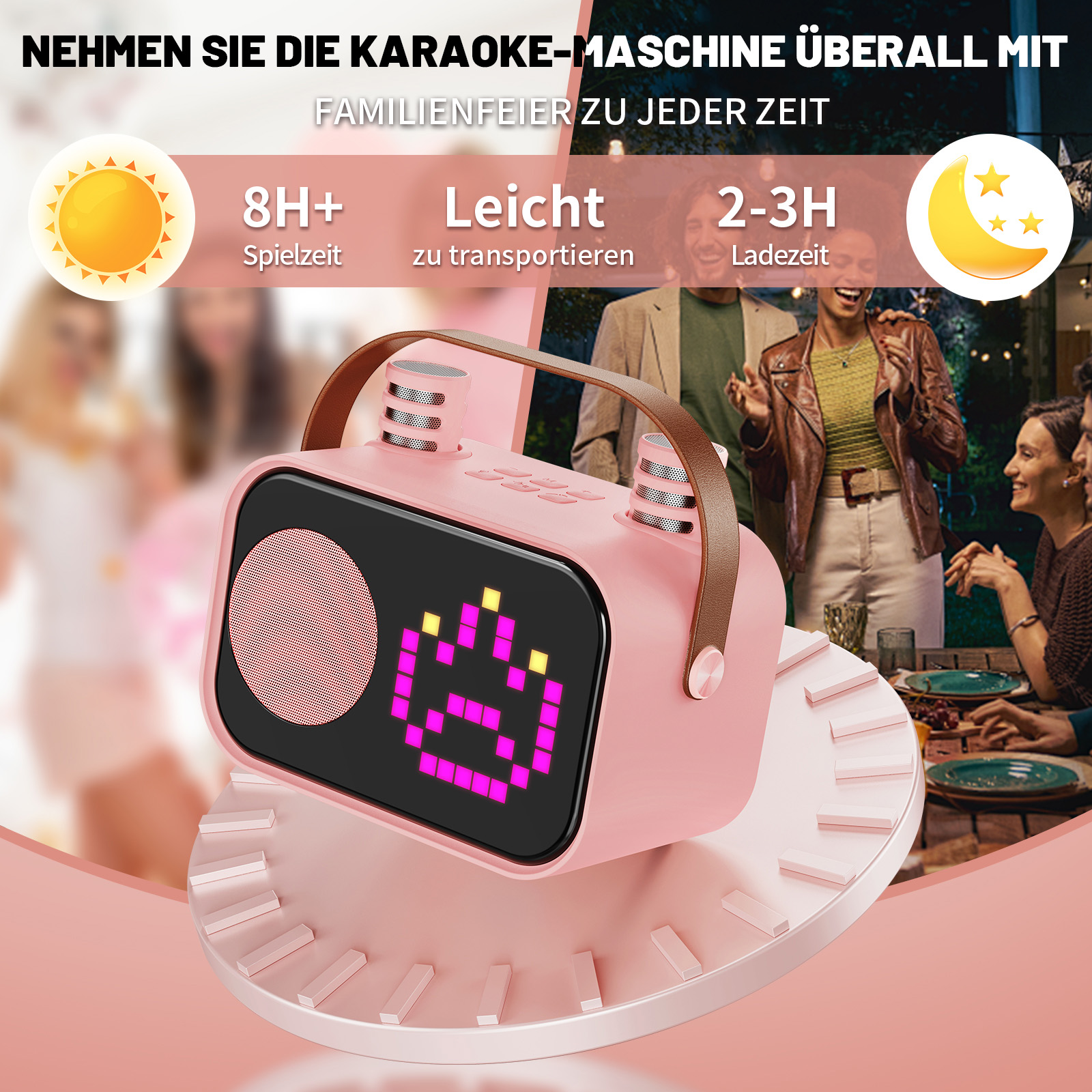 Eine rosafarbene Karaoke-Maschine mit LED-Display, im Hintergrund eine Gruppe feiernder Menschen.