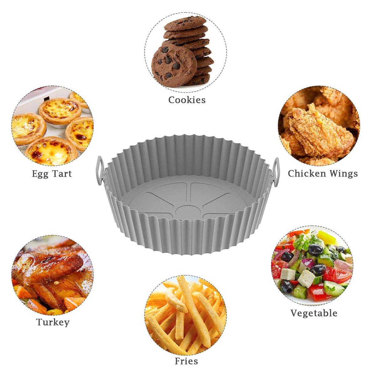 Graue Silikon-Heißluftfritteusenform mit Beispielen von Lebensmitteln: Kekse, Hähnchenflügel, Salat, Pommes, Truthahn, Eierkuchen.