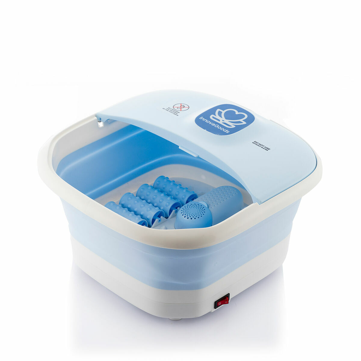 Ein aufklappbarer Fußbad-Massager in Blau und Weiß mit integrierten Rollen.