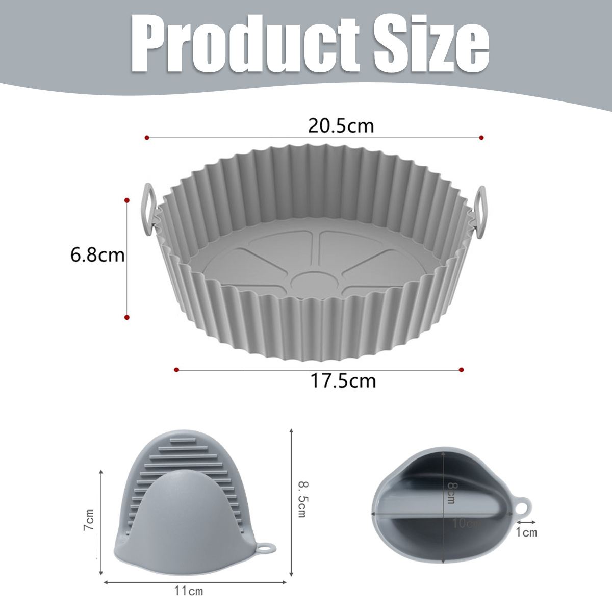 Graue Backform (20,5cm), Ofenhandschuh (11cm) und Mini-Ofenhandschuh (10cm).