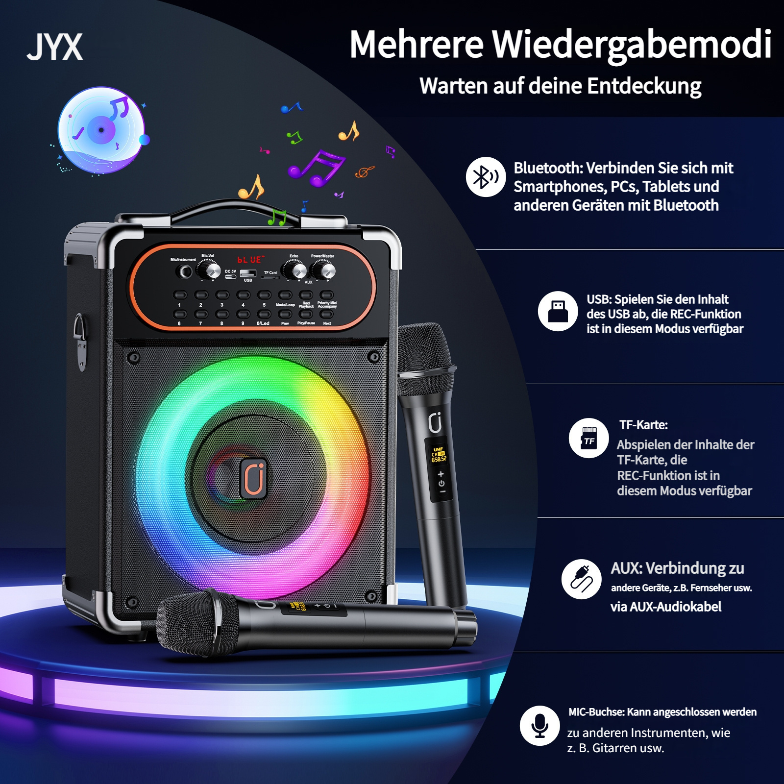 Ein schwarzer Bluetooth-Lautsprecher mit Mikrofon und farbiger LED-Beleuchtung.